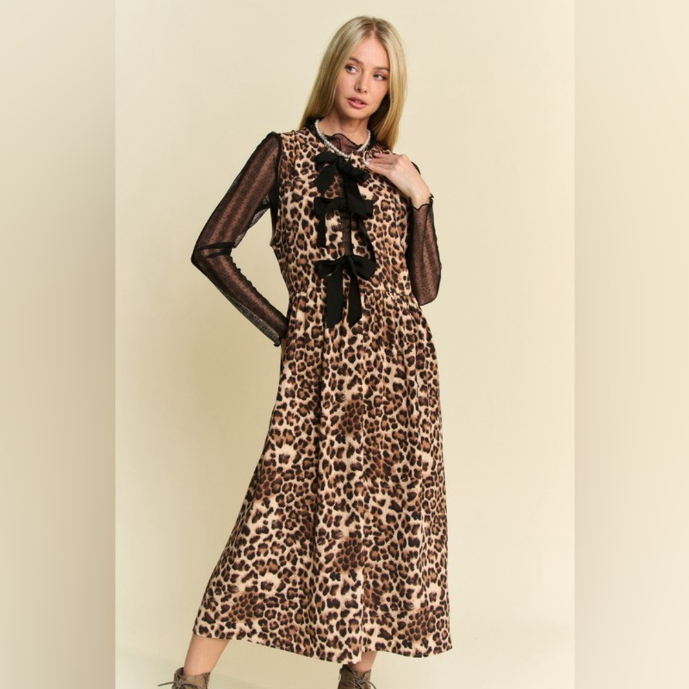 🟠267B. Leopard Printed Bow Detail Midi Dress